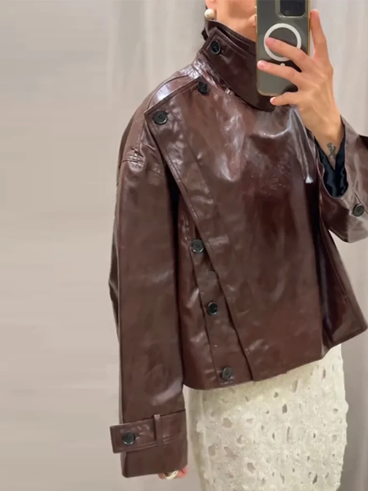 Street Stand Collar PU Leather Women's Jacket Red Long Sleeve Asymmetry Button Female Coat 2025 Autumn Lady Locomotive Outerwear