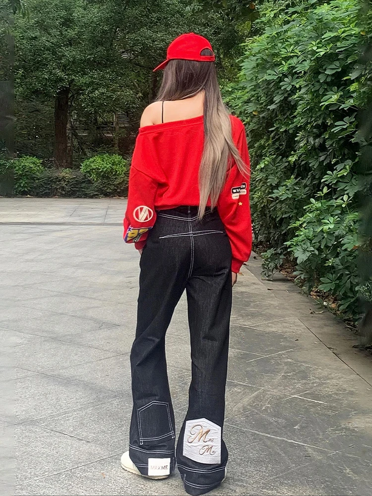

High Waist Flared Jeans Women's Sle American Original Blue Denim Pants Long Leg Effect Splicing Stitching Casual Jeans