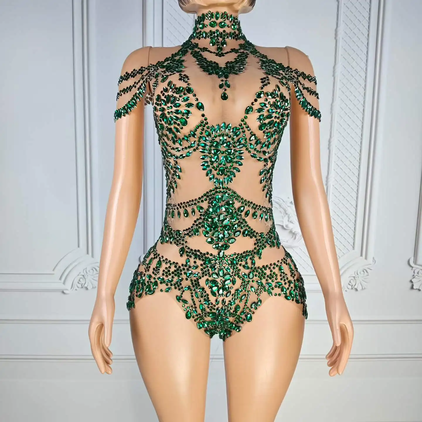 Women Emerald Green Rhinestone Mesh Bodysuit High Neck Cold Shoulder Cutout Leotard Latin Dance Competition Salsa Stage