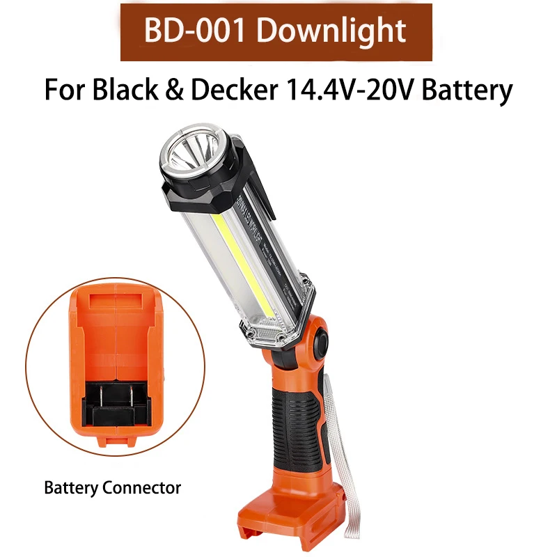 Rechargeable Battery LED Work Light Outdoor Flashlight Portable Camping Light for Black & Decker 20V Li-Ion Battery with Hook