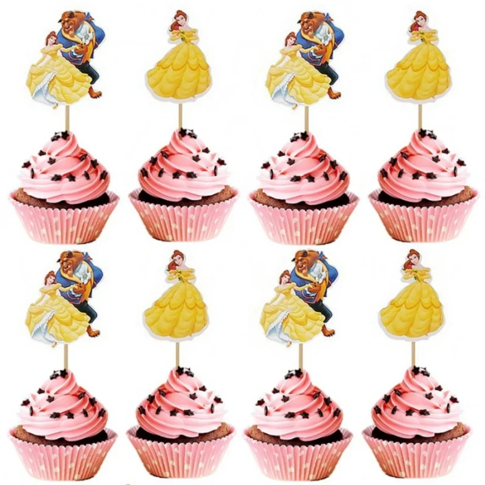 24pcs Beauty and the Beast Cake Toppers Wrappers Birthday Party Decoration For Kids Baby Shower Princess Supplies Gifts Cupcake