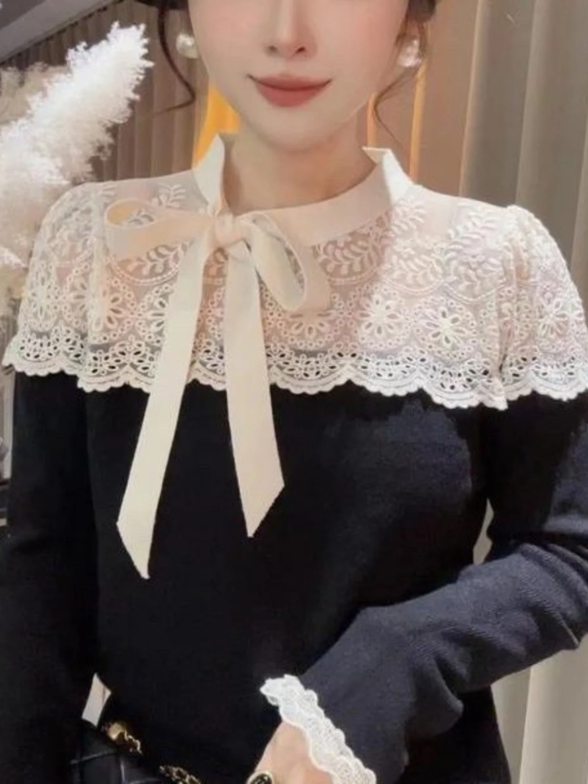 Slim Fit Long Sve Lace T-irt Women's Base Layer Top Design Sense Patchwork Autumn New Sle Small ence irt