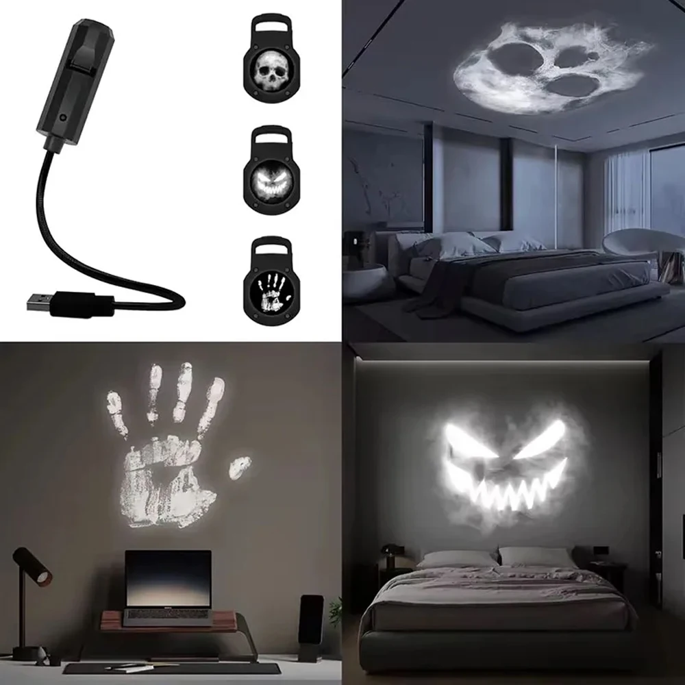Halloween USB Projection Night Light Skull 6 Patterns Design LED Projector Lamps Wall Ceiling Decor Holiday Party Ambient Lights
