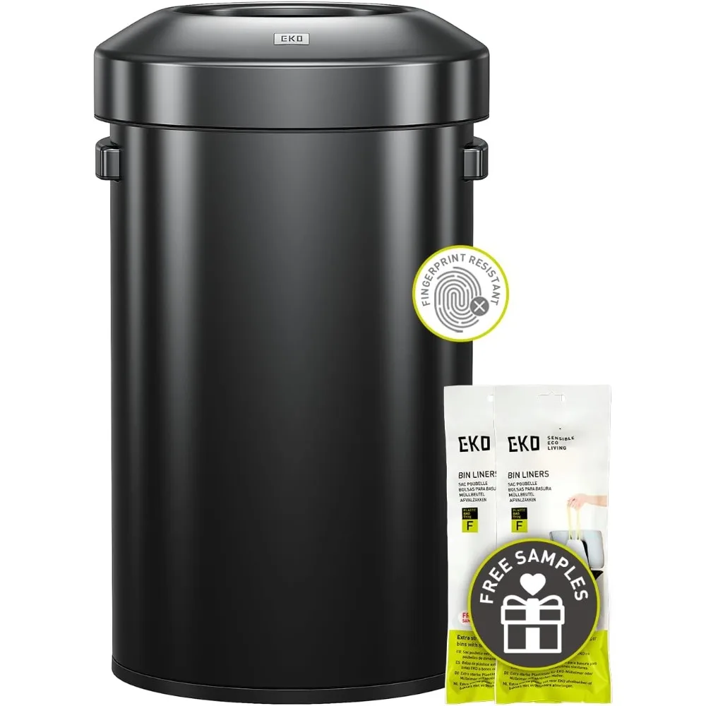

16-Gallon Round Black Stainless Steel Open Top Trash Can, Large Commercial Waste Bin with Detachable Lid and Carrying Handle, B