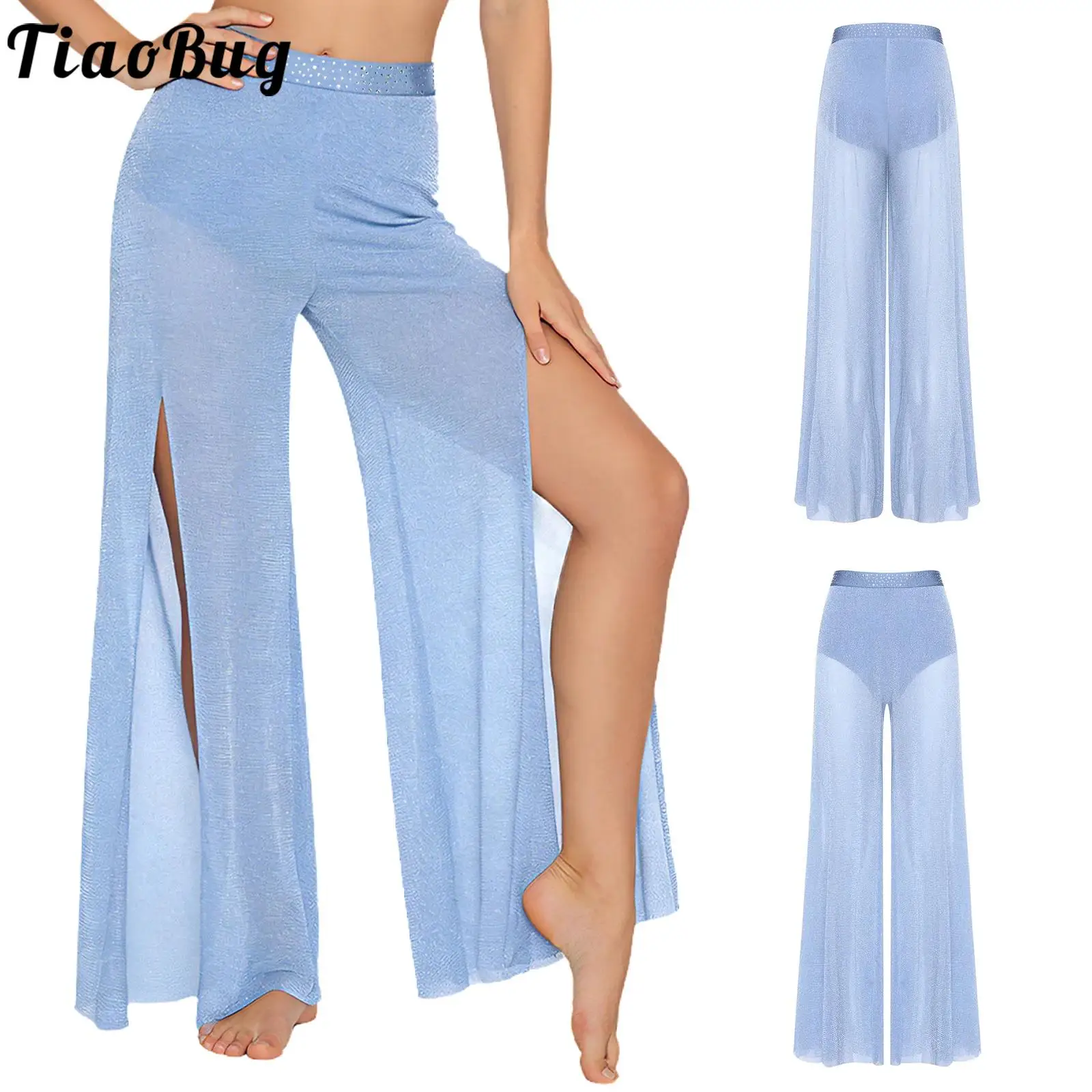 

Women Shimmering Pants Lyrical Ballet Modern Jazz Dance Costumes Shiny Sheer Mesh Wide Leg Pants for Performance Competition