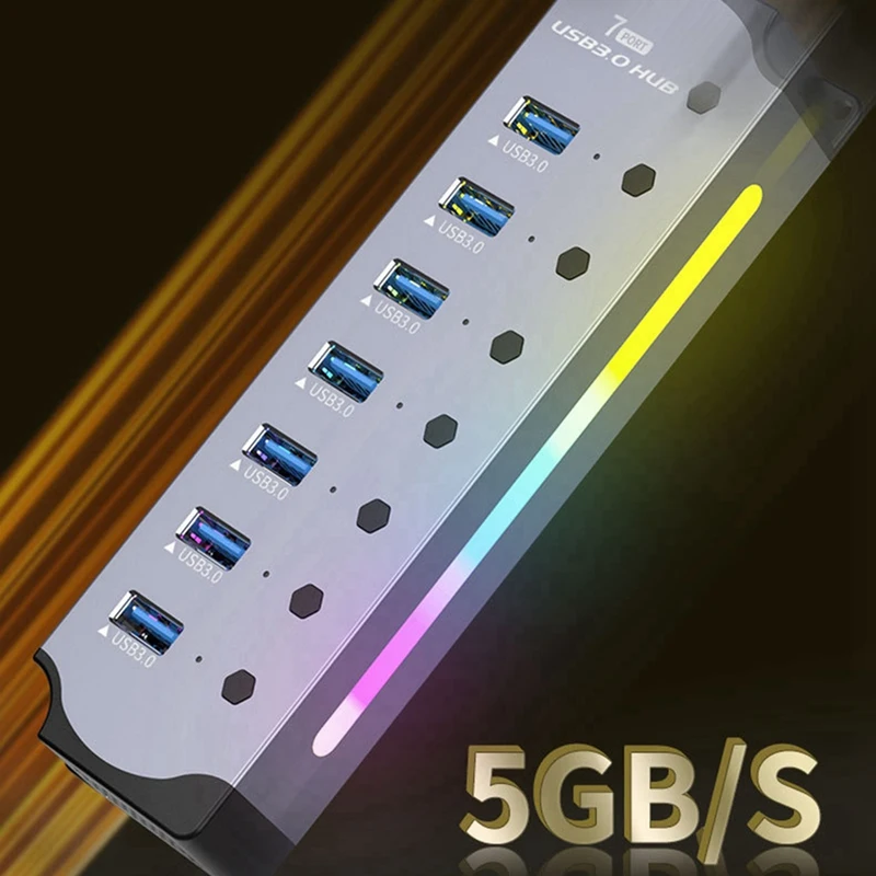 USB 3.0 허브, LED 스트립이 있는 7 포트 RGB 허브, 동적 모드, 스위치, PC용 알루미늄 케이스 허브, 노트북 EU 플러그