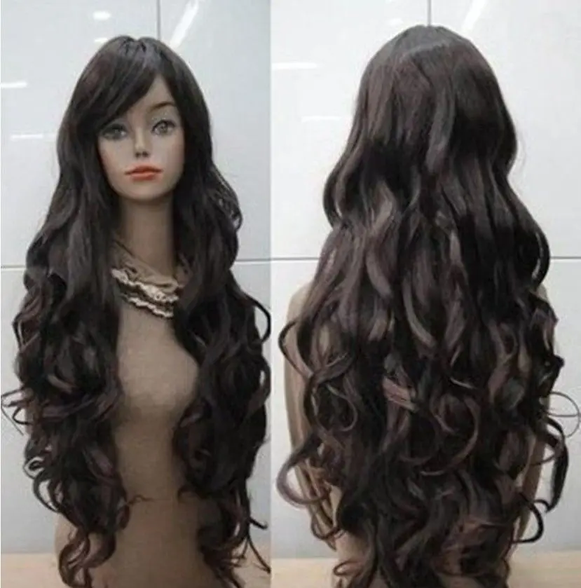 

Long Curly Wavy Hair Wig Women Brown Bangs Heat Resistant Synthetic Wigs