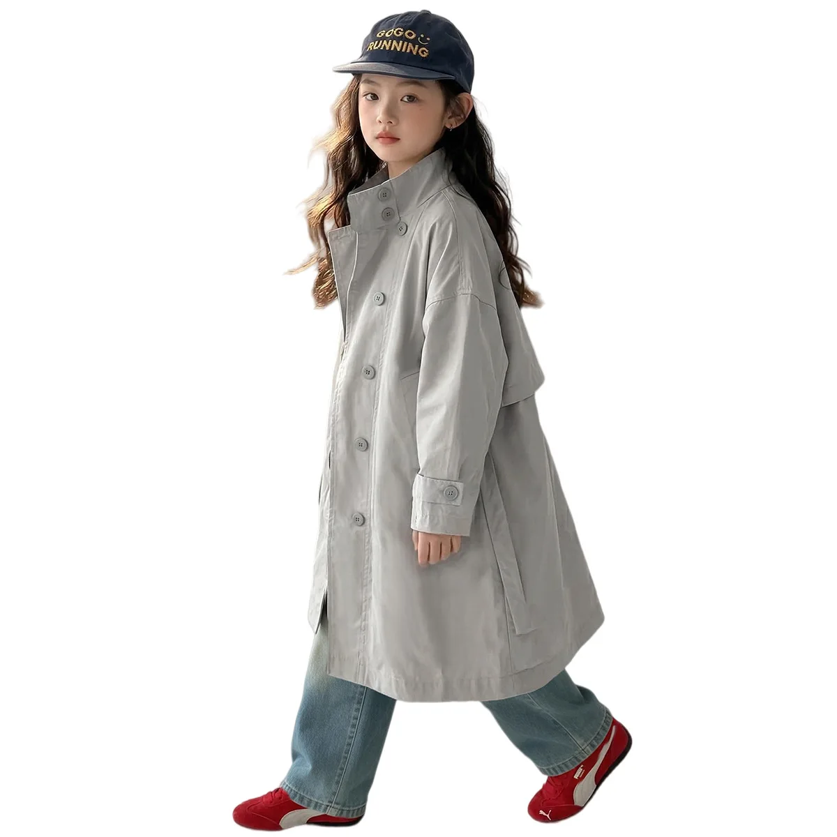 2026 New Spring Autumn British Style Stand Collar Mid-Length Trench Coat For Big Girls Fashion Casual Kids Windbreaker Outerwear