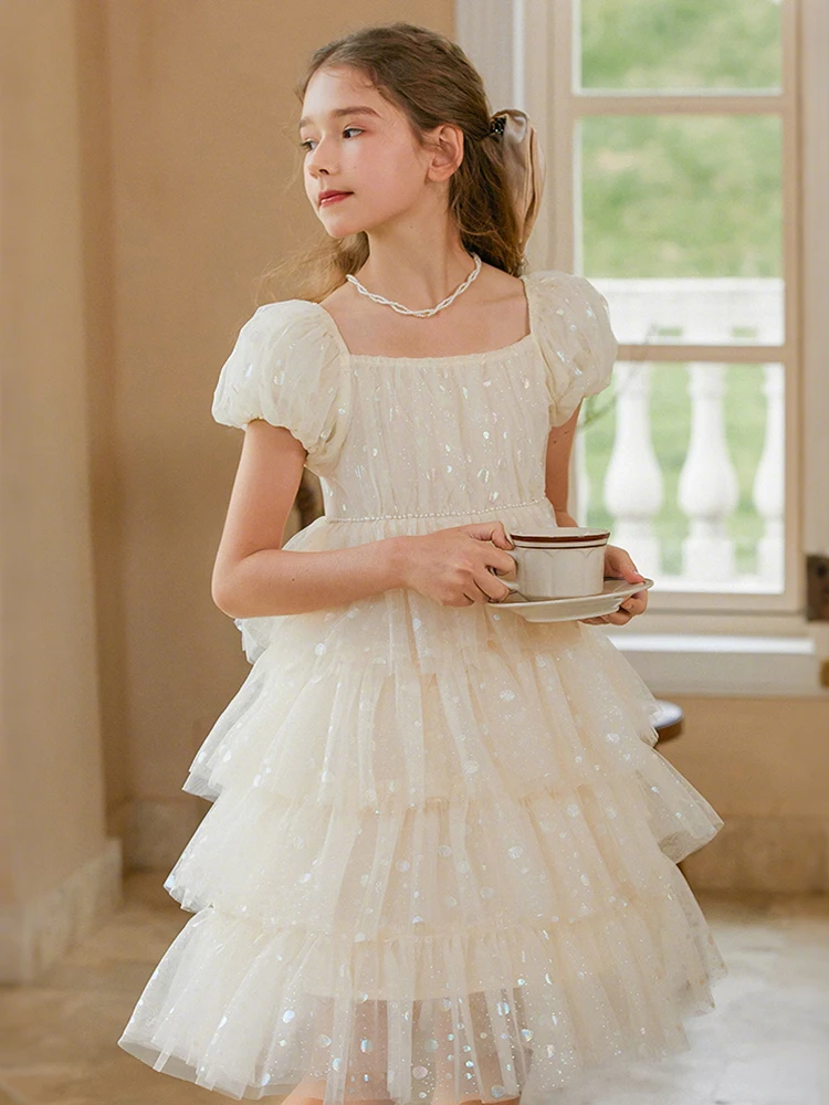 Baby Girls Summer Short Sleeve Dresses 3yrs 13T Kids Birthday Party Wear Wedding Flower Girl Cute Beige Clothing 110CM 170CM