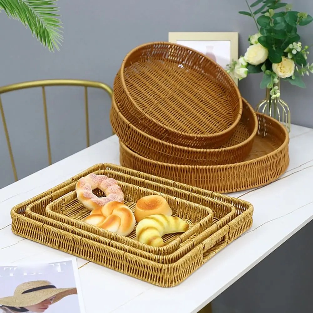 1Pcs Breakfast Bread Food Handwoven Rattan Basket Round Rectangular Shape Fruit Vegetable Cake Wicker Storage Tray Food Plate
