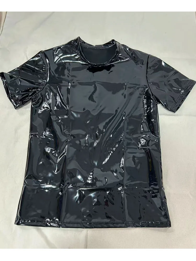 S-5XL Wet Look PVC Short Sleeve T Shirt Shiny PU Leather Tshirt Tights Elastic Hip Hop Tees Stage Performance Moto Biker Tops