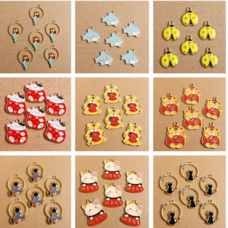 10pcs/lot Cartoon Animal Charms for Jewelry Making Enamel Bear Cat Tiger Fox Charms Pendants for DIY Necklaces Earrings Gifts