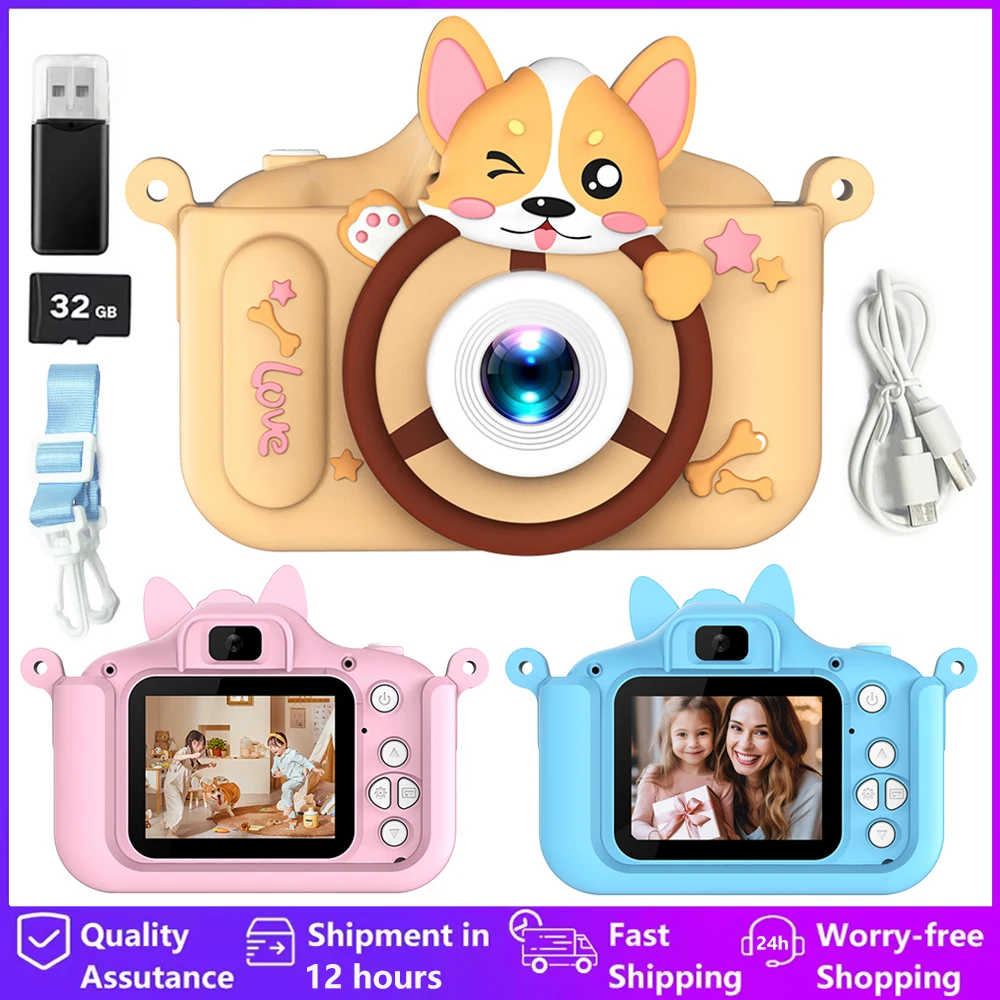 1080P HD Kids Camera Toys 2-Inch Screen Video Digital Cameras Photography Selfie Camera With 32G Card for Girl Boy Birthday Gift