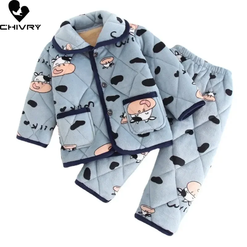 New Winter Kids Flannel Cotton-padded Thick Warm Pajamas Cartoon Lapel Pyjamas Sets Baby Boys Girls Sleepwear Clothing Home Wear