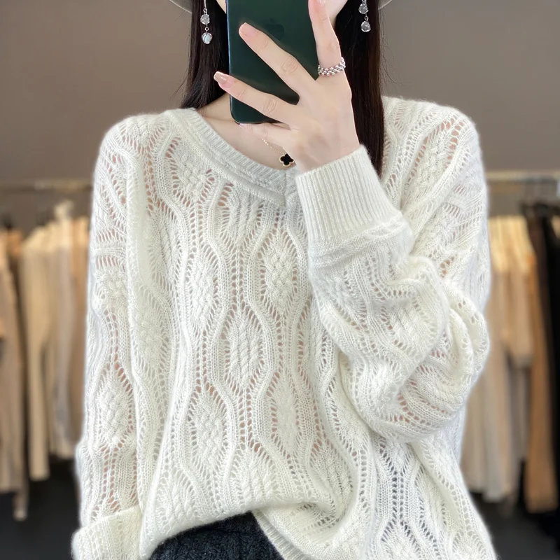 

Women's V-neck Knitted Sweater, Pure Wool, Hollow Pullover, Loose Thin Sweater, Monochromatic, Hot Selling, New Product, 100%