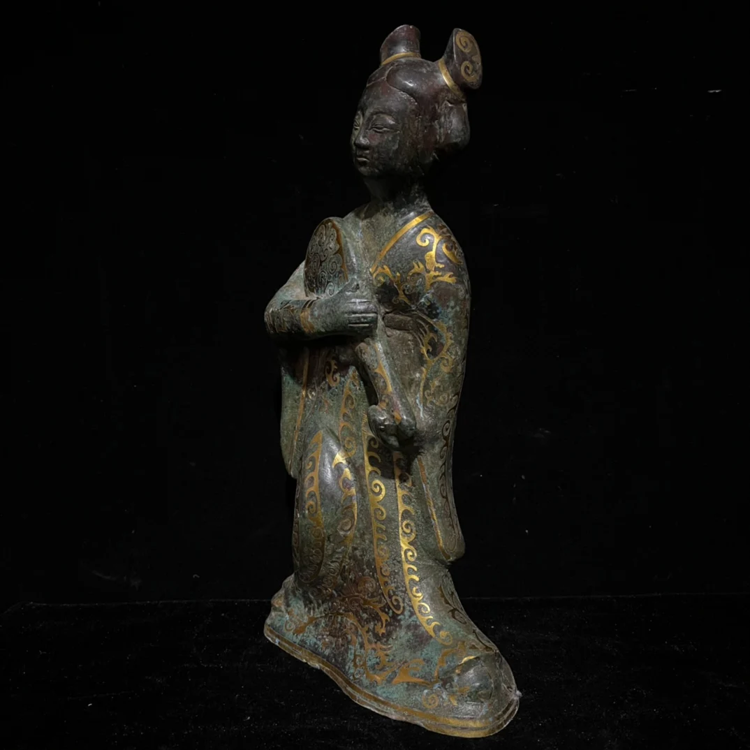 Old hand-caved bronze inlaid with gold female musicians,#01