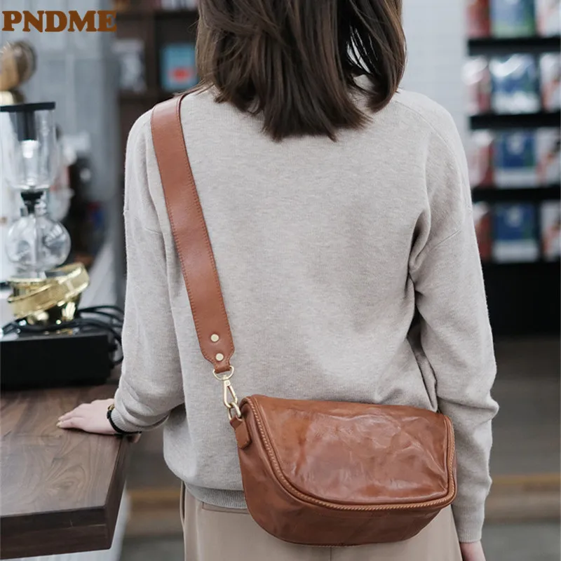 PNDME Fashion Luxury Genuine Leather Ladies Saddle Bag For Weekend Travel Natural Real Cowhide Women's Cute Brown Shoulder Bag