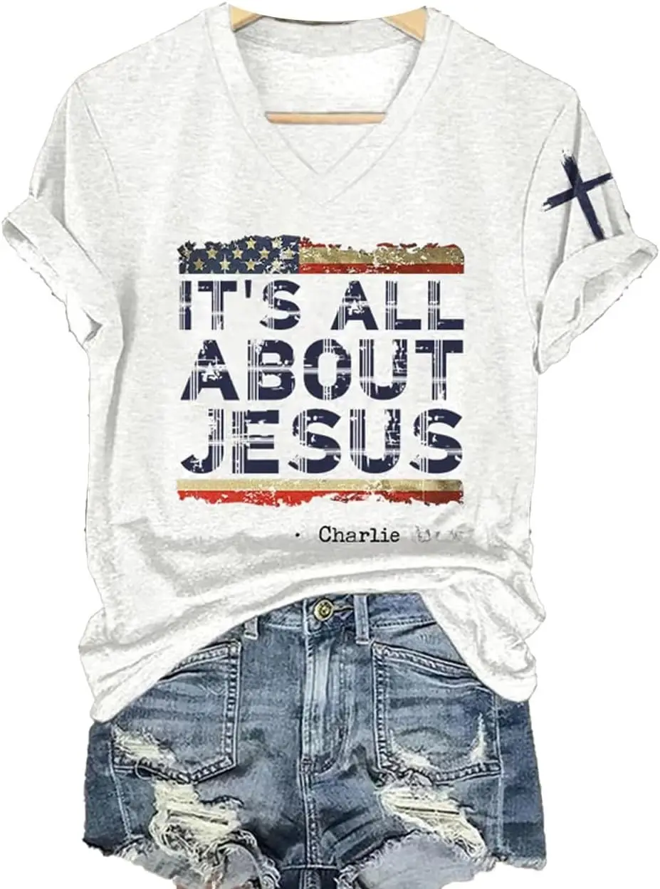 It's All About Jesus Charlie Freedom American Flag Patriotic Shirts for Women