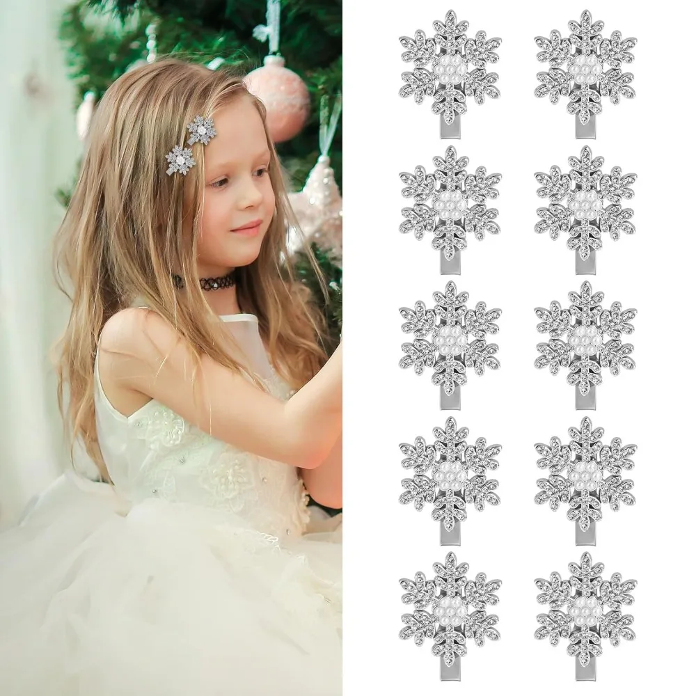 

10 шт., аксессуары для заколок для волос в виде снежинок, милые жемчужные стразы, рождественские заколки для волос, фестиваль, зимняя снежинка, волосы из кожи аллигатора