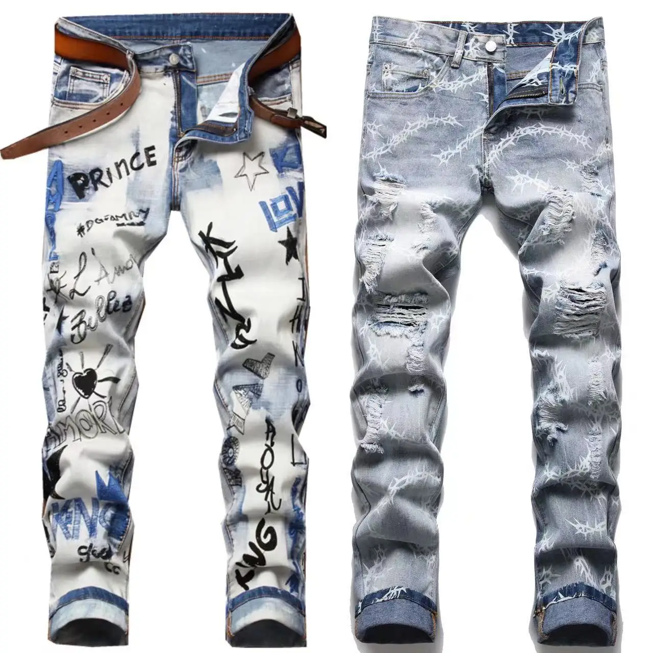 Light Luxury Men’s Street Fashion Ripped Jeans,Slim-fit Korea Version High Quality Embroidery Denim Pants,Trendy Casual Jeans;