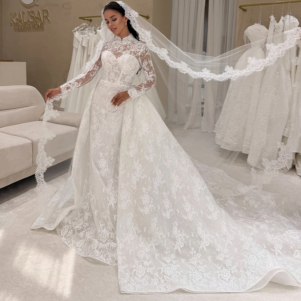 Luxury Wedding Dresses 2 in 1 Mermaid Bride Dress with Detachable Train High Neck Long Sleeve Sweep Train Bridal Gown Customized