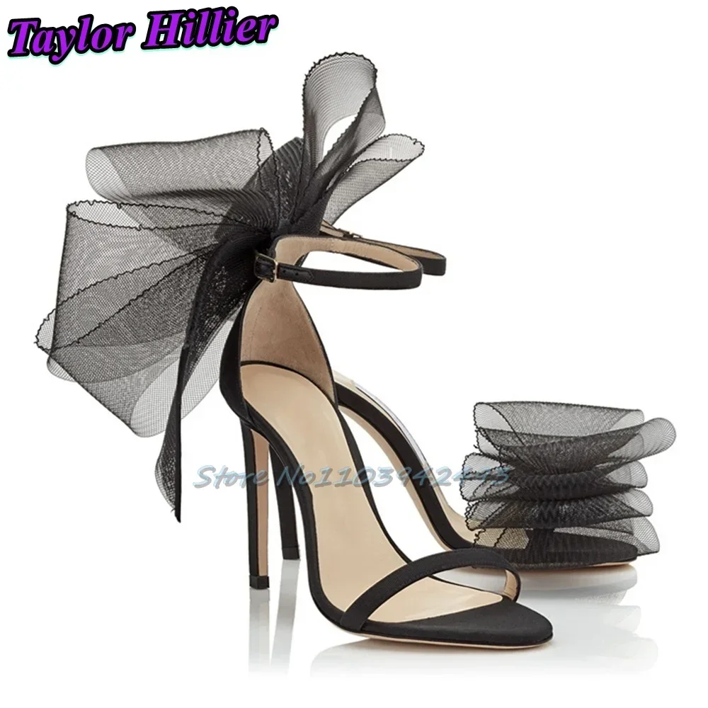 

Butterfly-Knot Heels One-Strap Heeled Sandals Asymmetry Open Toe Solid Mesh High Heel Stiletto Hollow Ankle Buckle Strap Shoes