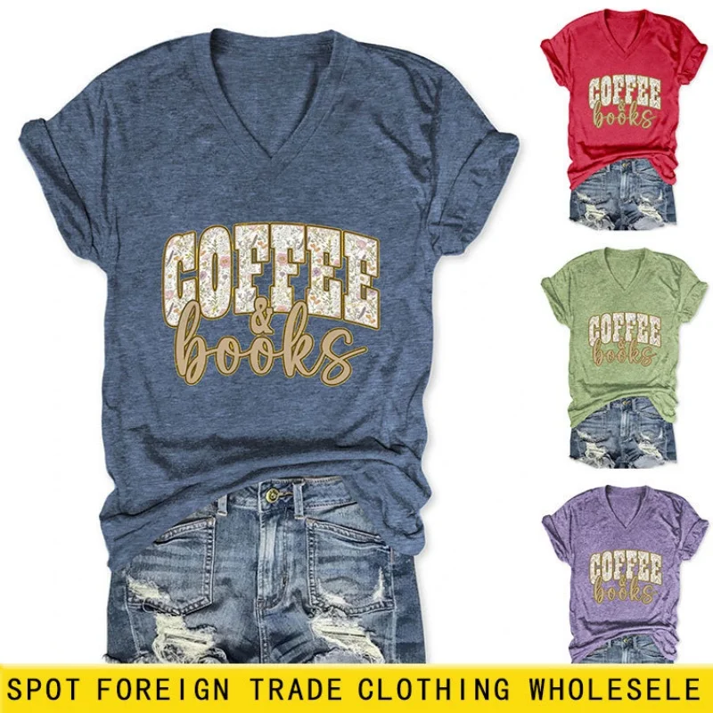 

Модная и стильная женская футболка с V-образным вырезом и короткими рукавами, с принтом, подходит для лета, облегающая и дышащая.