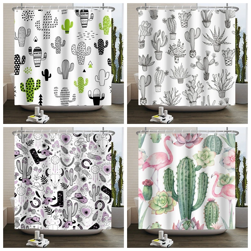 

Tropical Cactus Plant Shower Curtain Black and White Bath Curtain Desert Prickly Succulent Saguaro Vintage Bathroom Curtains