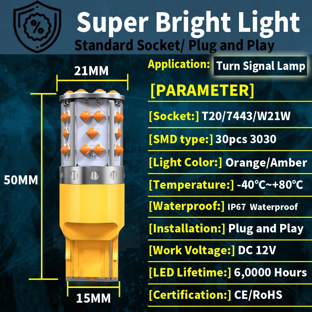 2Pcs T20 7440 WY21W LED Canbus No Error No Hyper Flash Turn Signal Lights Bulb W21W 1156 ba15s LED Lamp 12V Orange