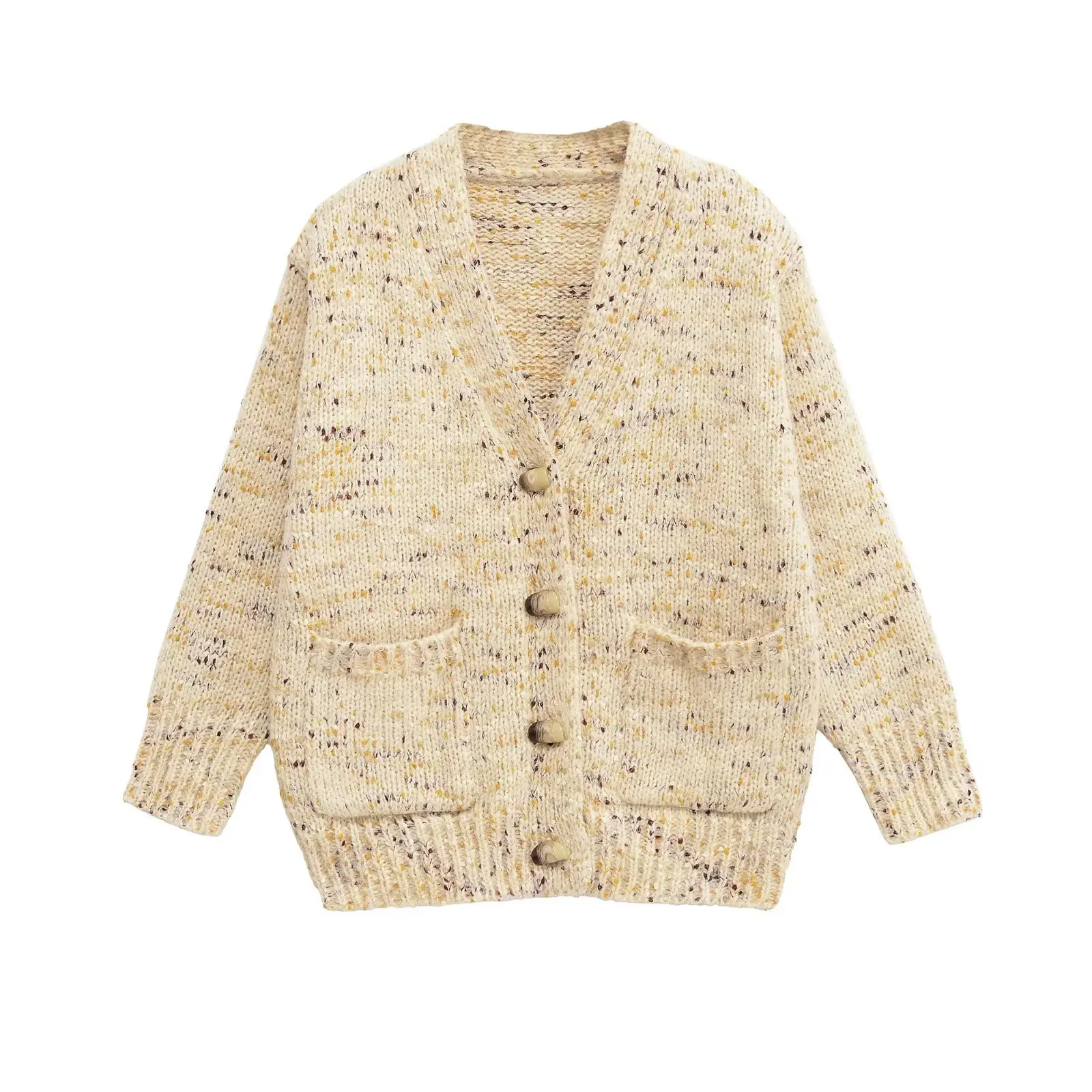 

Кардиган с накладными карманами и длинными рукавами, женский однобортный кардиган с v-образным вырезом, свободная вязаная верхняя одежда, осенний повседневный простой модный трикотаж, топ