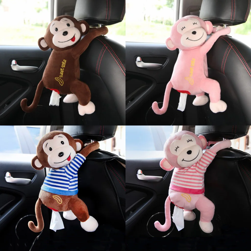 

New Car Hanging Paper Box Cute Cartoon Tissue Bag Creative Monkey Short Plush Tissue Box Car Interior Decoration Supplies