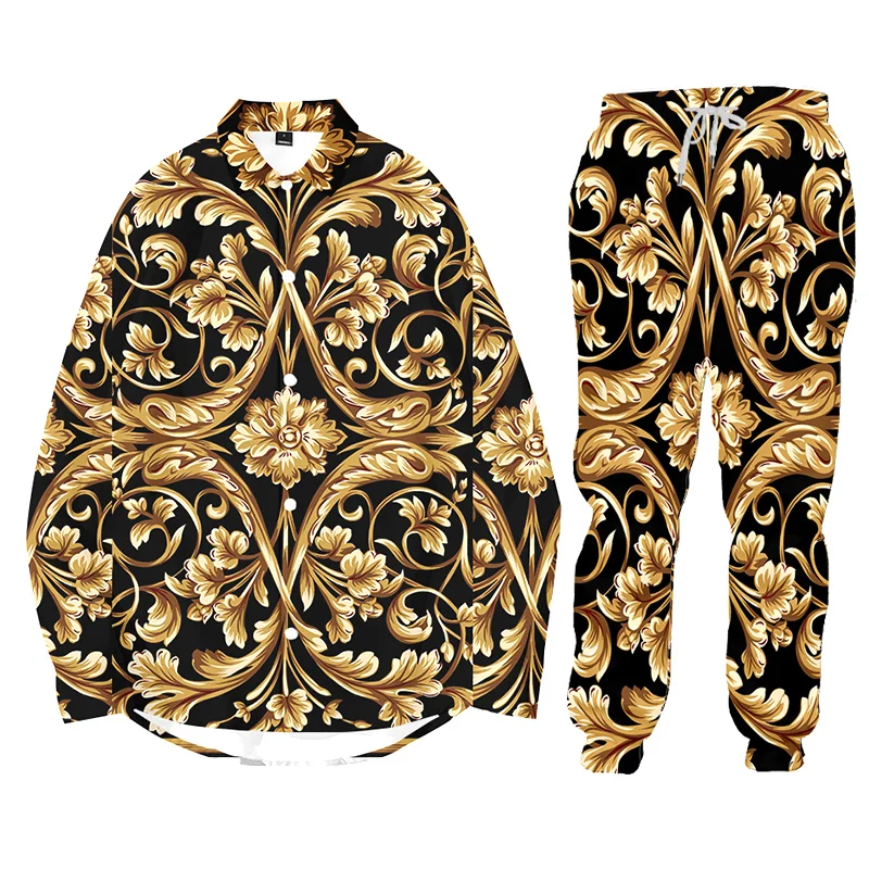 Luxury Tracksuit Men 3D Print 2 Piece Set Golden Baroque Men's Hoodie Pants Stand-up Collar Jacket Zip Hoodie Clothes Sweatshirt