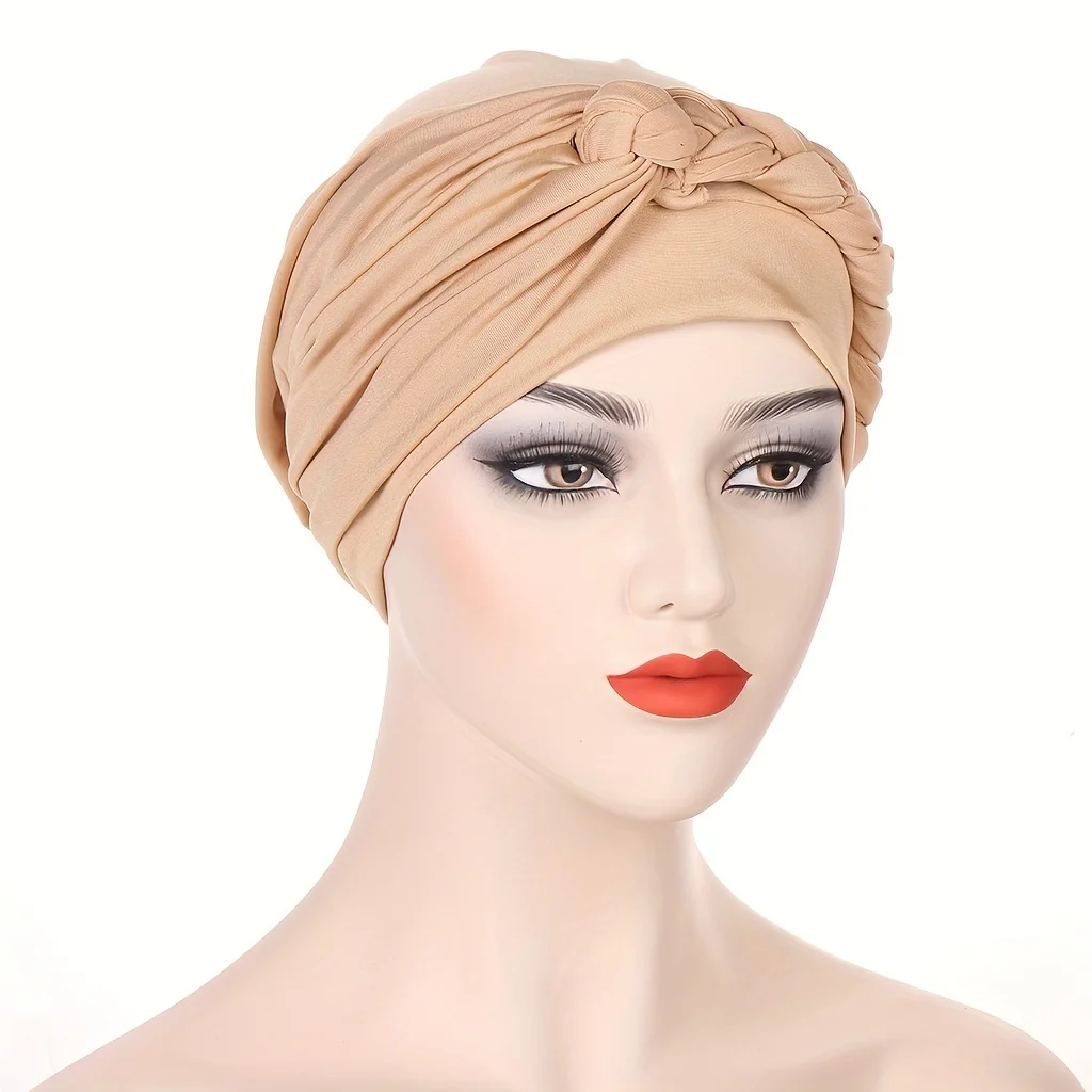 Solid Color Braided Turban Cap Ramadan Headwrap Elegant Head Scarf Lightweight Bonnet Beanies