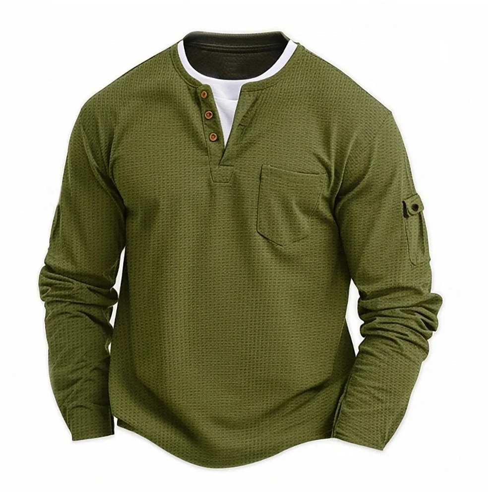 Men's New Button Henley Neck Shirt Long Sleeve Casual Button Solid Color T-Shirt Fashion Waffle Cotton Fake Two-Piece T-Shirt