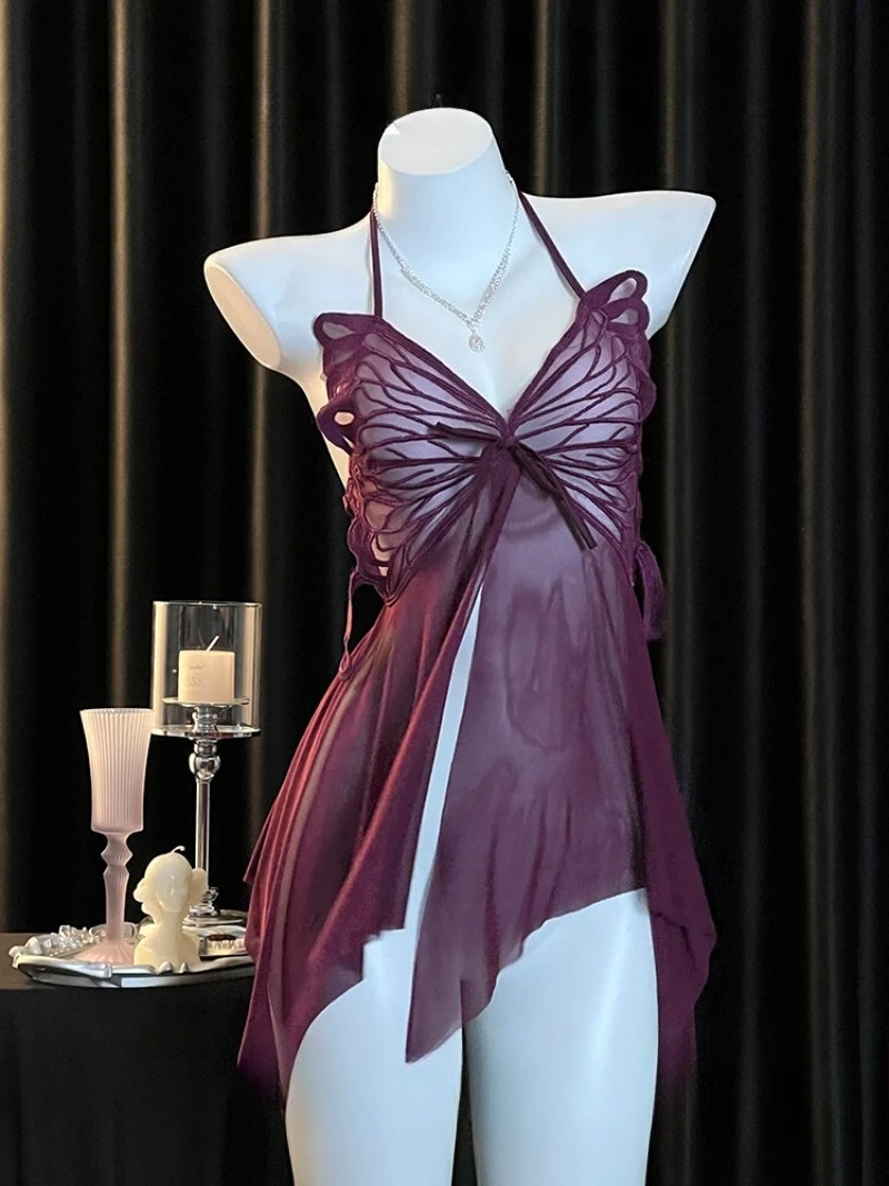 

Sexy Spice Girl Purple Lace Mesh See-through Halter Nightgown with Butterfly Cutout—Pure Sensual Pajama for Women,Elegant and
