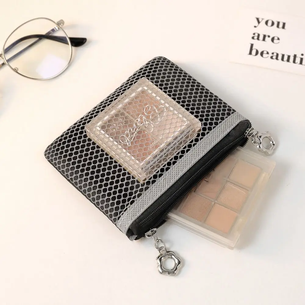 Creative Double Layer Mesh Coin Purse Zipper Transparent Mini Cosmetic Bag Grid Card Bag Small Makeup Bag Travel