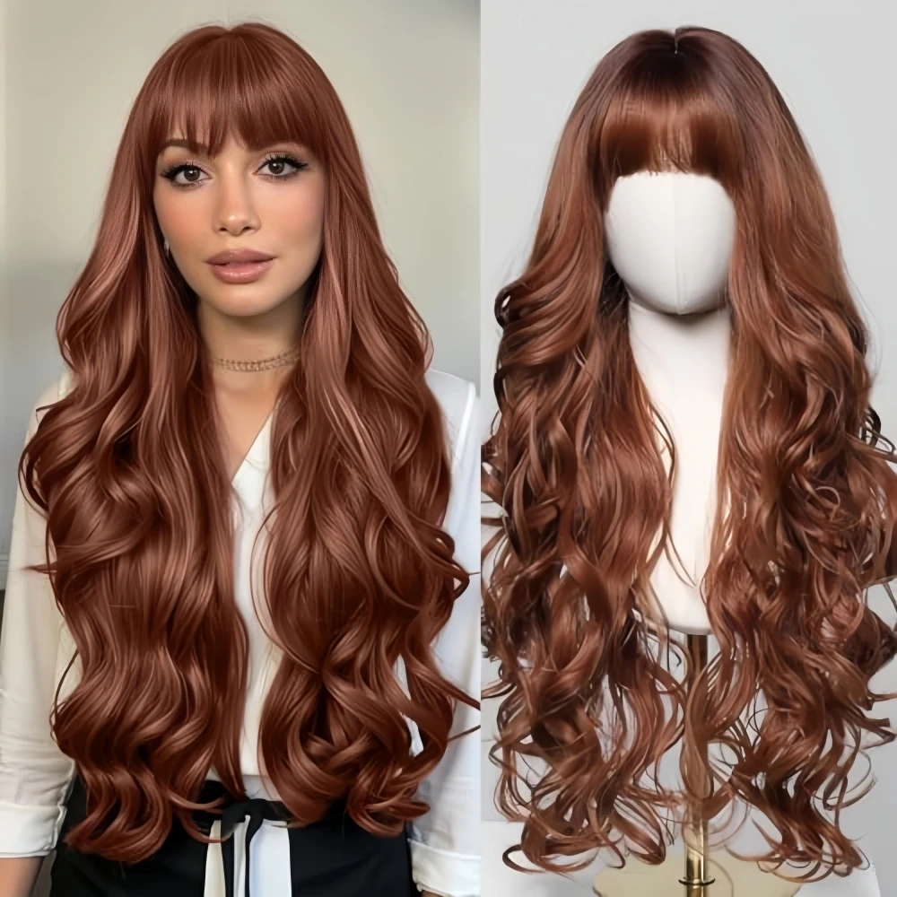 

Ginger Synthetic Wigs Loose Body Wave Hair Ombre Wig Red Brown Wigs with Bangs for Women Cosplay Party Daily Use Heat Resistant