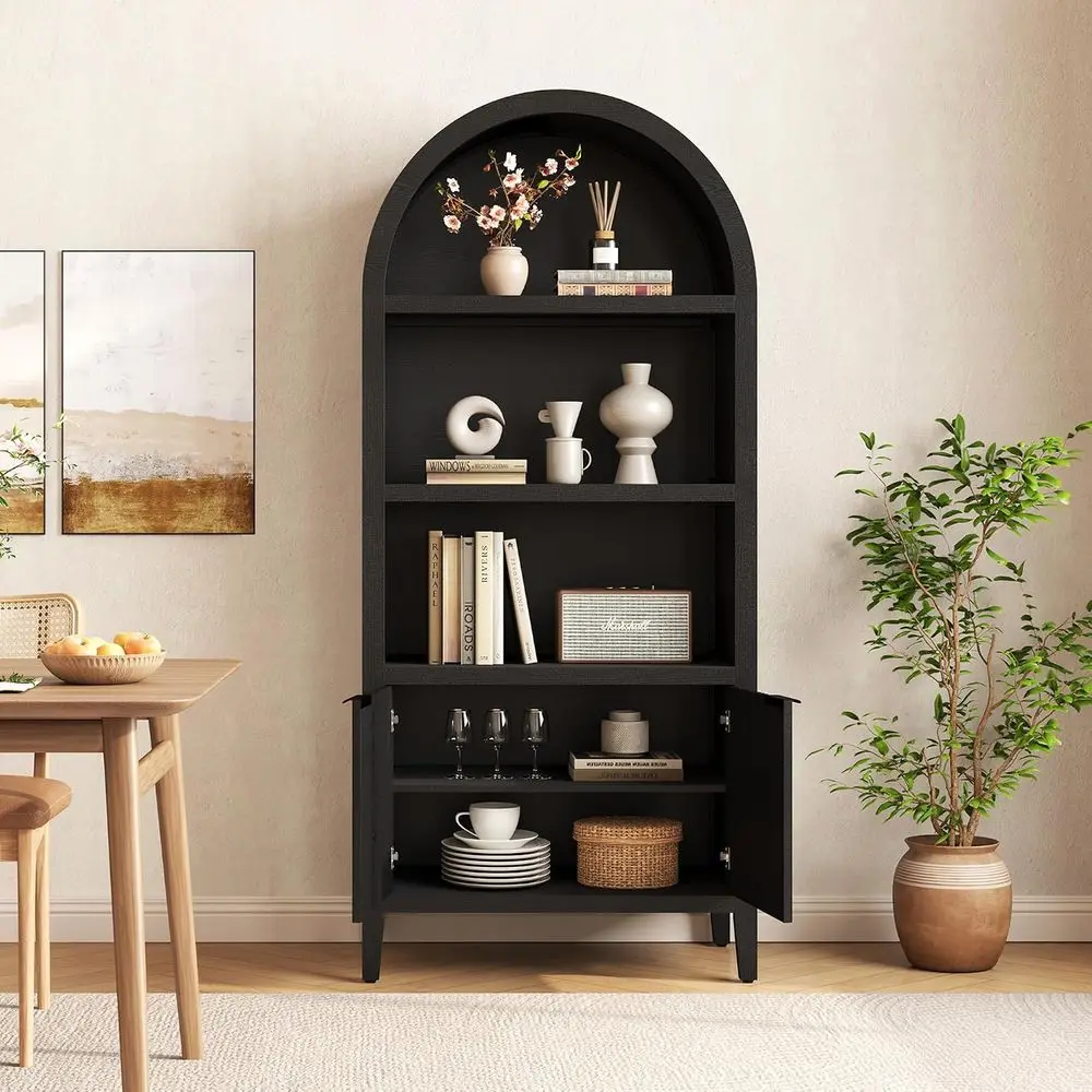 Yusong 71" Tall Arched Bookcase, 5-Tier Arched Bookshel, Black Bookshel, Arch Cabinet Display Cabinet with luted Doand Shelves, view 3