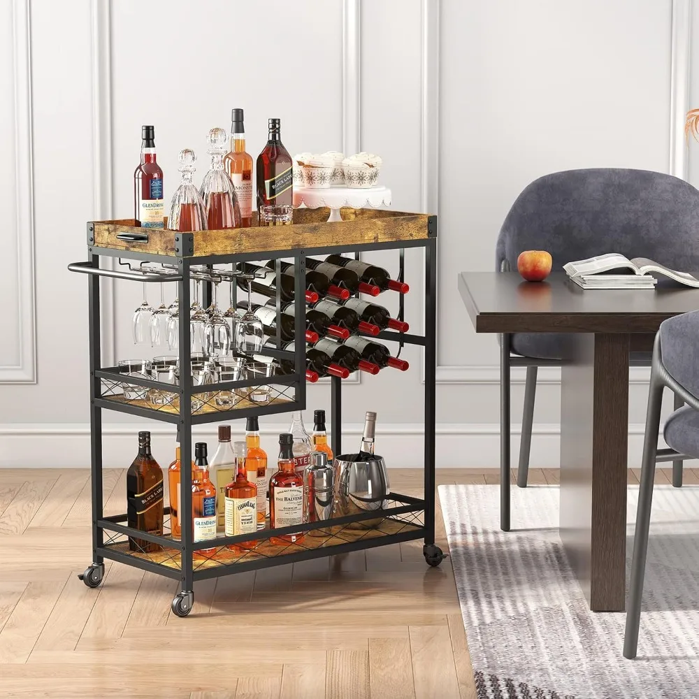 Bar Cart, Home Bar Serving Cart, 3 Tier Drink Cart with 12 Wine Bottle Racks, Liquor Beverage Cart for Kitchen Dining Livingroom