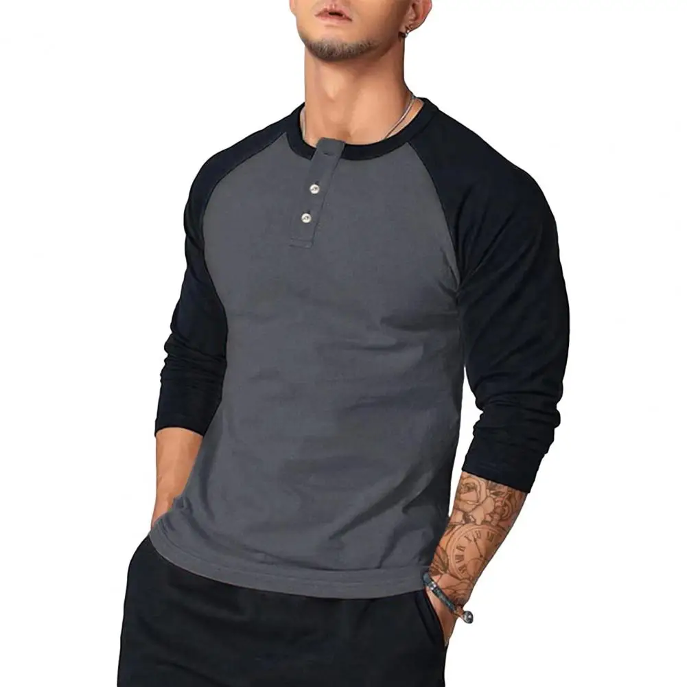 Round Neck Buttoned Collar T-shirt Men's Slim Fit Long Sleeve T-shirt with O Neck Color Matching Patchwork Mid Length for Men