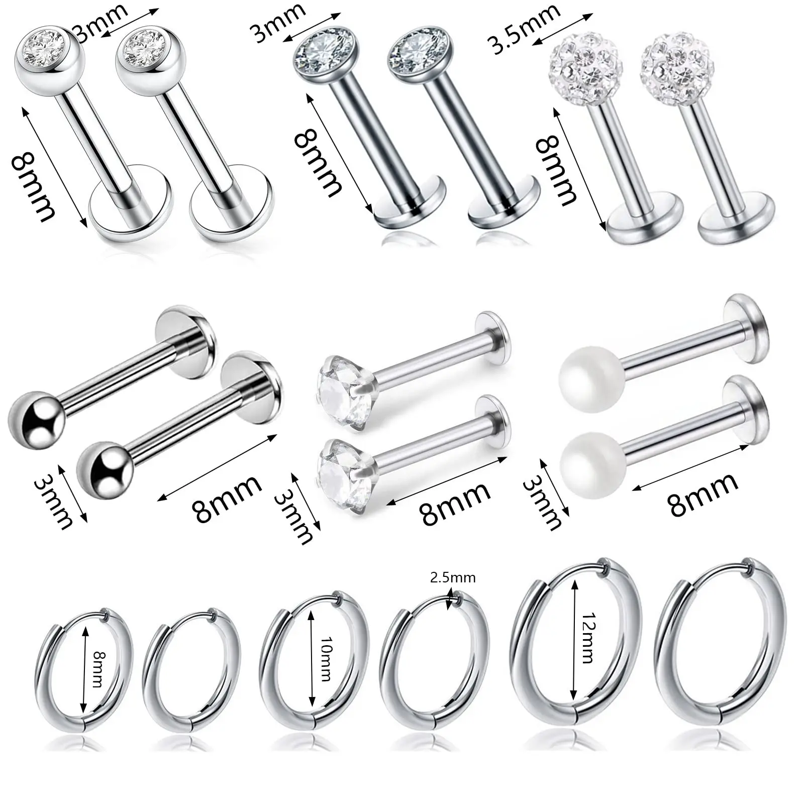 1 Pairs Lip Nails Flat Back Hoop Earrings for Women Men Titanium Cartilage Huggie Hypoallergenic Helix Piercing Jewelry Set