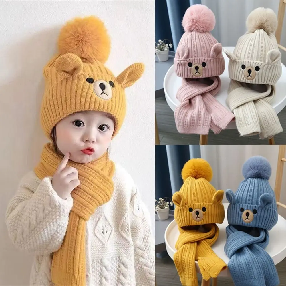 Fashion Knitted Hat Scarf Sets Neck Warmer Cold Protection Knitted Cap Suit Windproof Winter Warm Children Knitted Hat Girl Boy