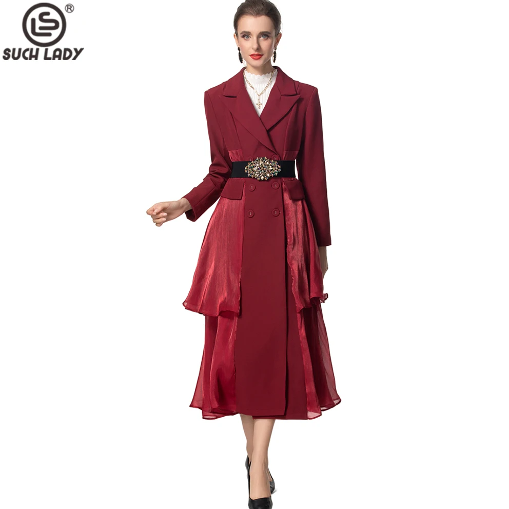 Women's Trench Coat Notched Collar Long Sleeves Ruffles Layered Elegant Fashion Dress Outerwear