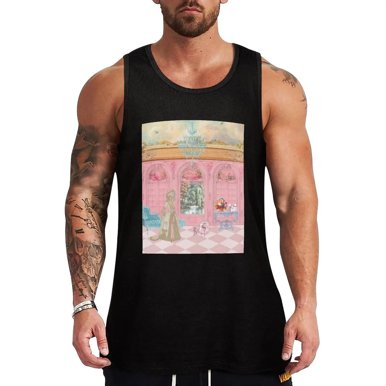 

Marie Antoinette At Chateau Versailles with Cake and Her Pink French Poodle Tank Top sleeveless Men's t-shirts