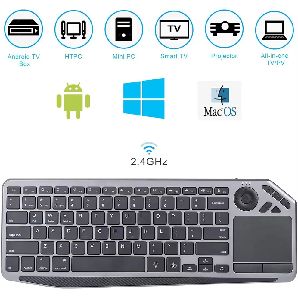 Wireless Backlit Keyboard Bluetooth 2.4G TV Remote Control With Easy Media Control And Built-In Touchpad Mouse Solid Stainless