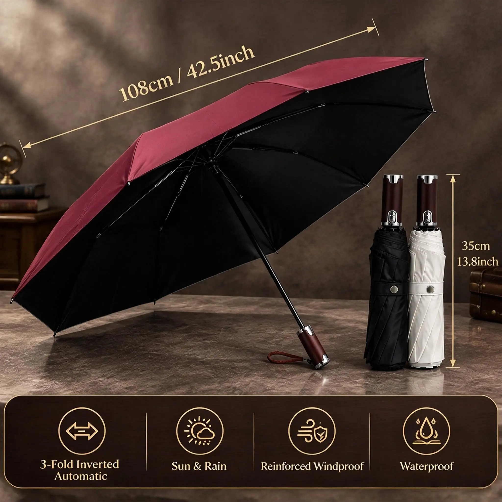 30 Bone Luxury Folding Automatic Umbrella 3+2 Reinforced Windproof Strong, Vintage Rain Sun UV Tickened Men Women Outdoor Travel