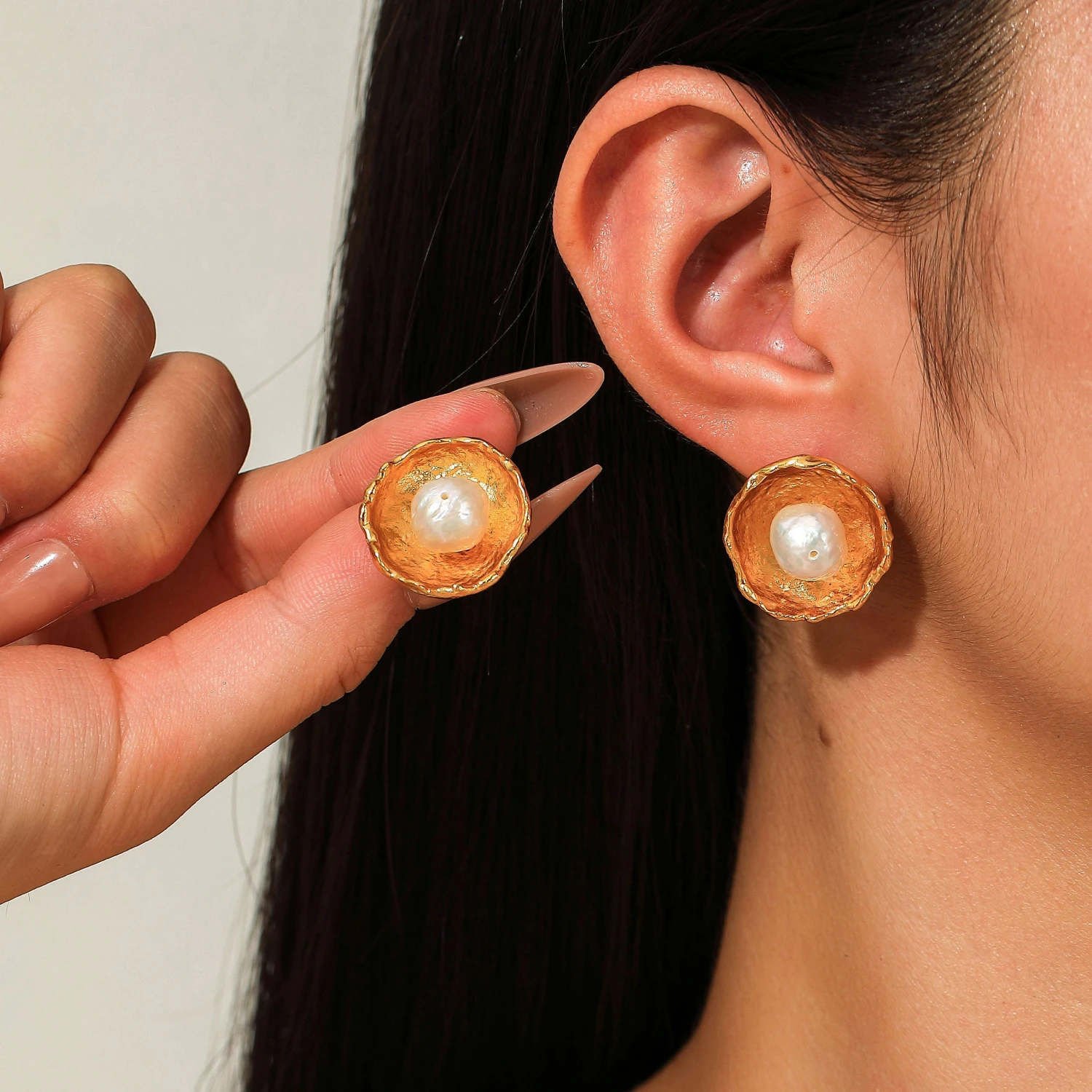 

YAJUNIEL 24K Gold Plated Texture Natural Freshwater Pearl Stud Earrings for Women Unique Dome Earrings Elegant Jewelry Gifts