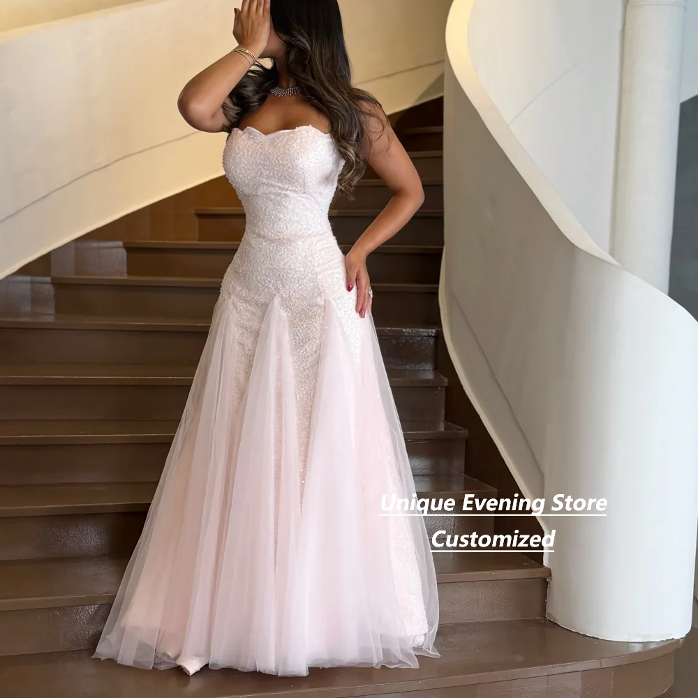 Customized Blush Pink Sequin Evening Dress Sweetheart Strapless Mermaid With Tulle Overlay Floor Length Prom Formal Party Gown