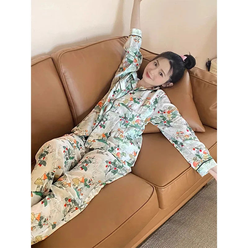 Women\'s Pajamas Sets Spring Autumn 2 Piece Mushroom Print Pyjama Faux Silk Satin Sleepwear Long Sleeve Pijama Mujer Pjs Homewear