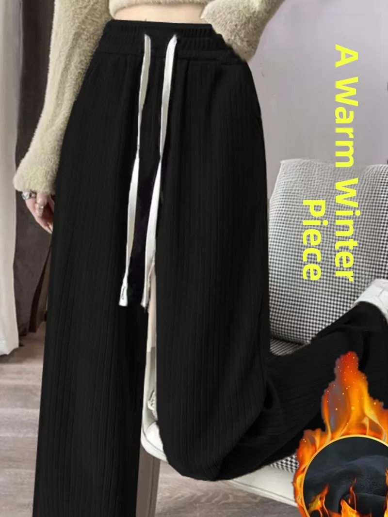 슬림 와이드 레그 팬츠 여성용 봄 가을 겨울 기모 안감 드레이프 스트레이트 컷 캐주얼 바지 트렌디 하이웨이스트 나인 포인트